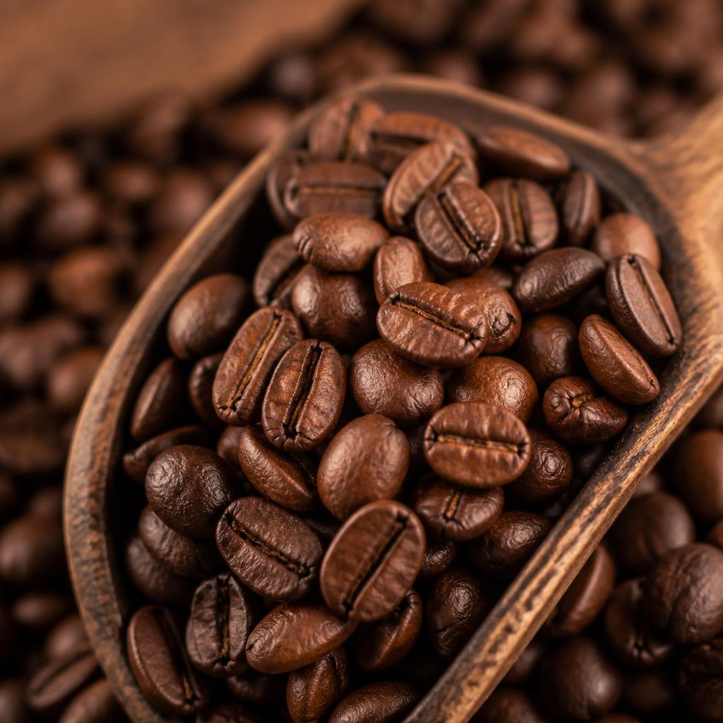 Freshly roasted coffee beans in a rustic wooden scoop